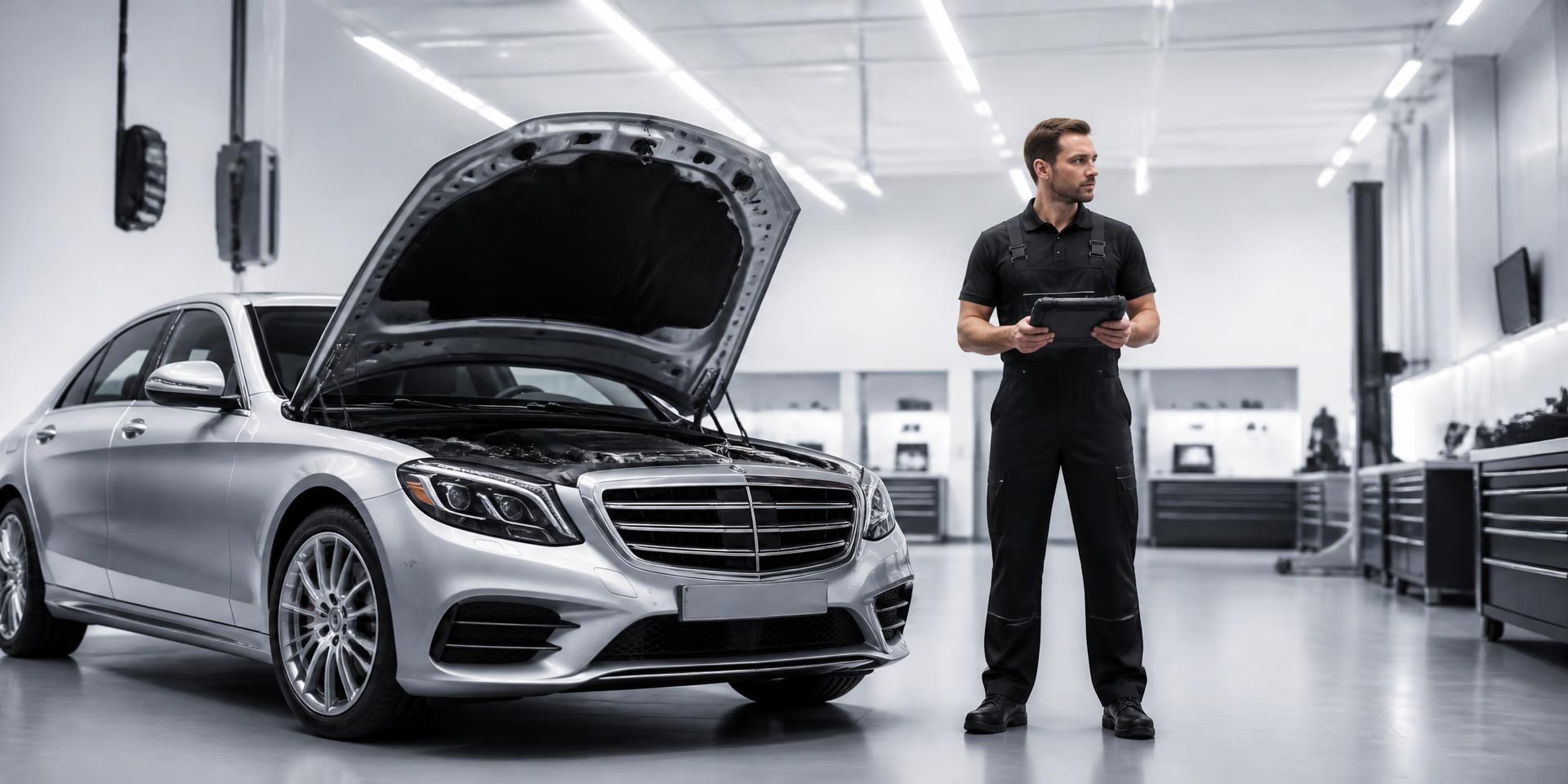 Mercedes-Benz service workshop with a technician and a silver sedan